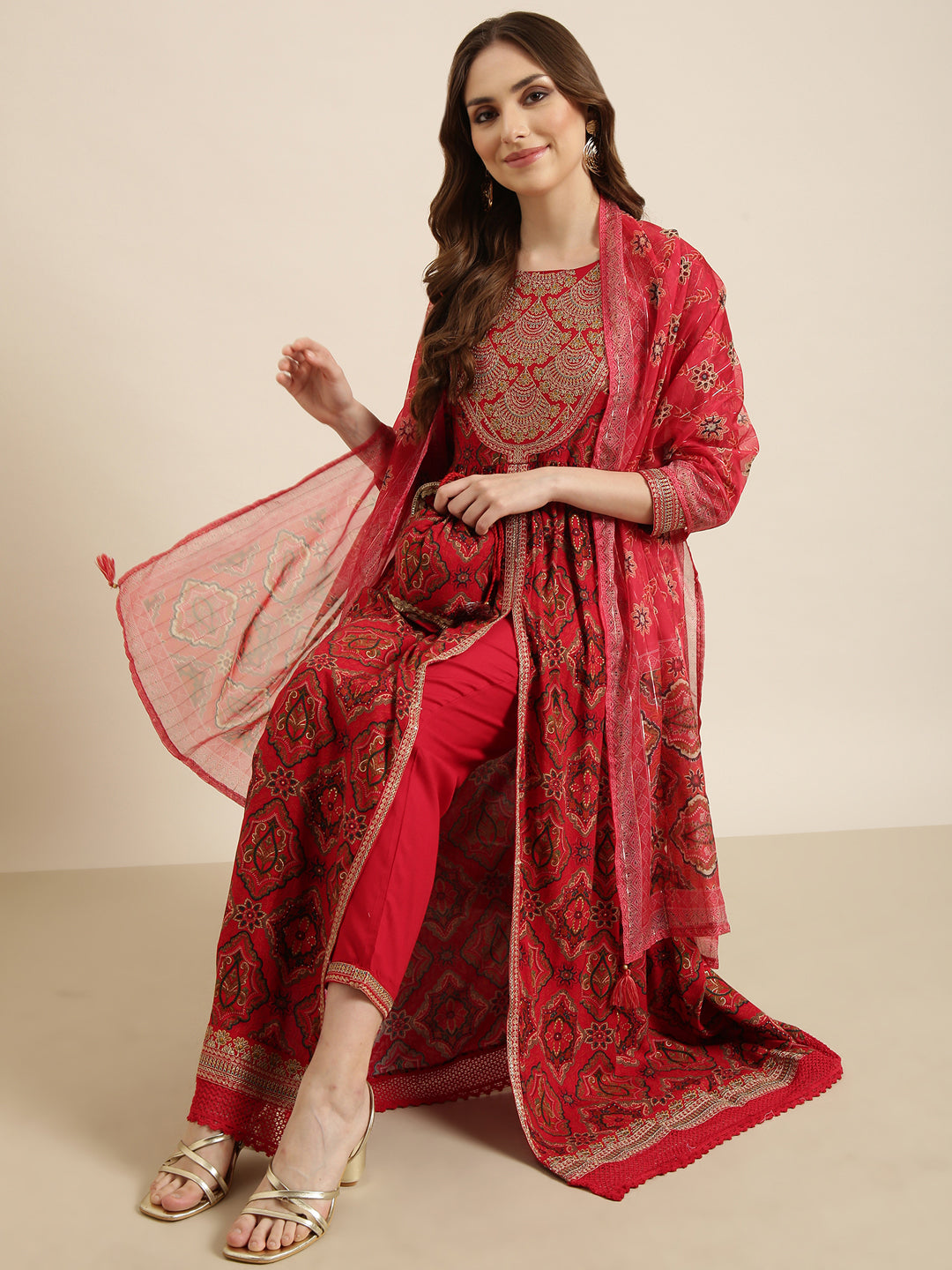 Women Anarkali Red Ethnic Motifs Kurta and Trousers Set Comes With Dupatta and Potli Bag