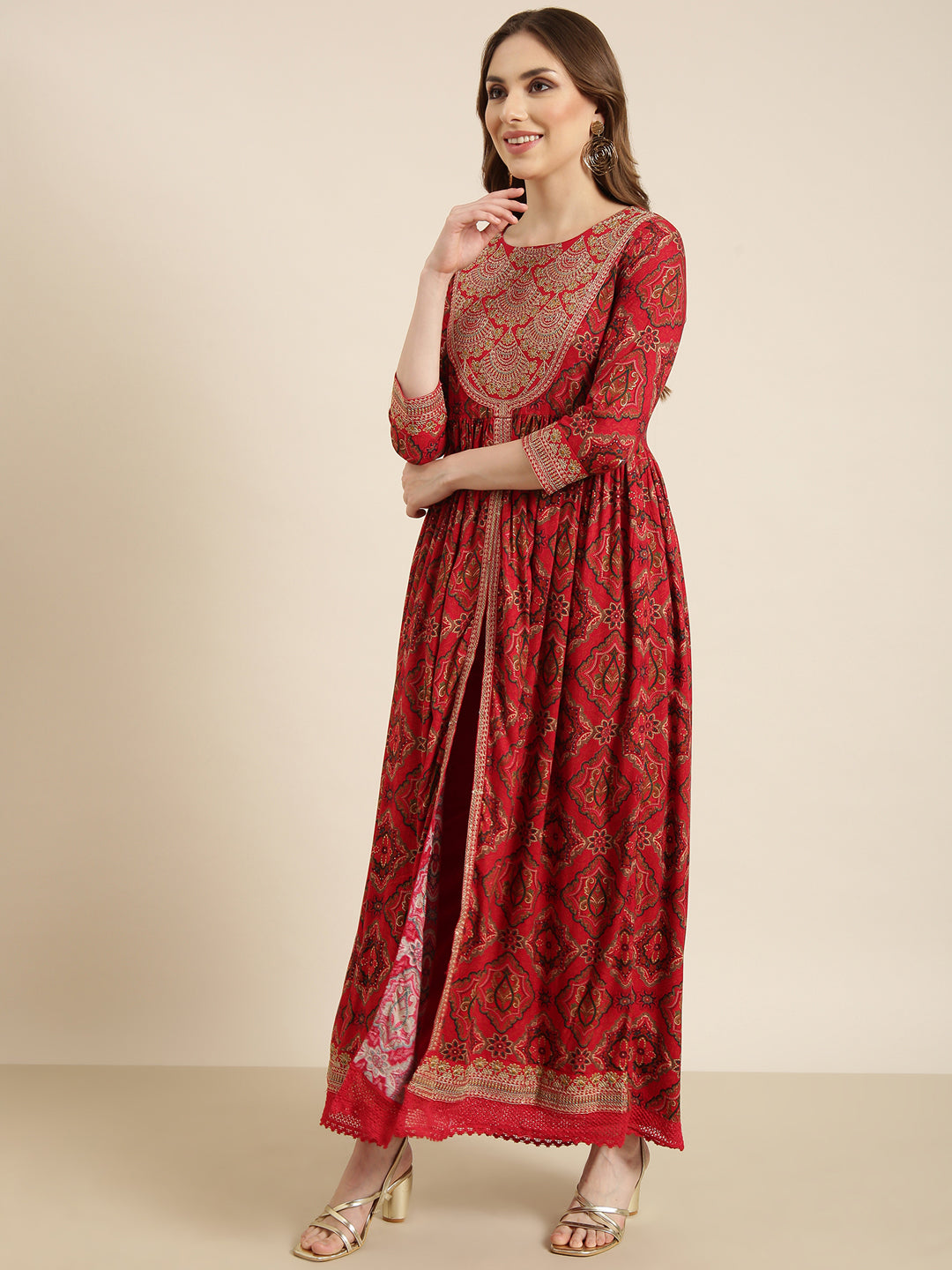 Women Anarkali Red Ethnic Motifs Kurta and Trousers Set Comes With Dupatta and Potli Bag