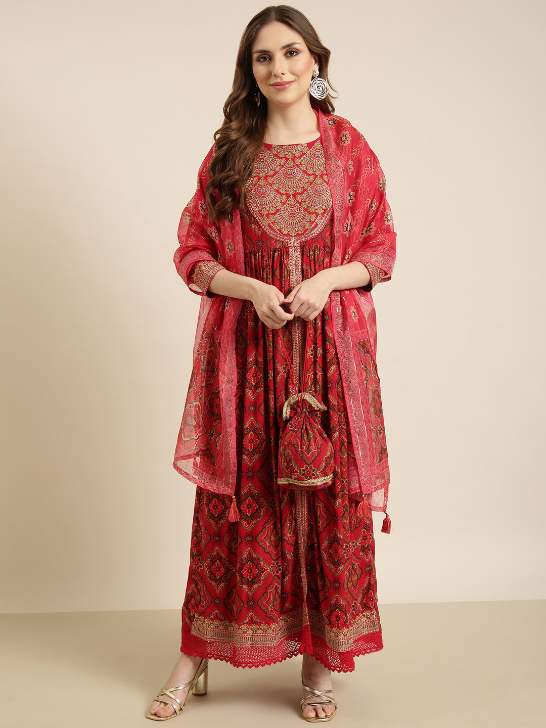 Women Anarkali Red Ethnic Motifs Kurta and Trousers Set Comes With Dupatta and Potli Bag