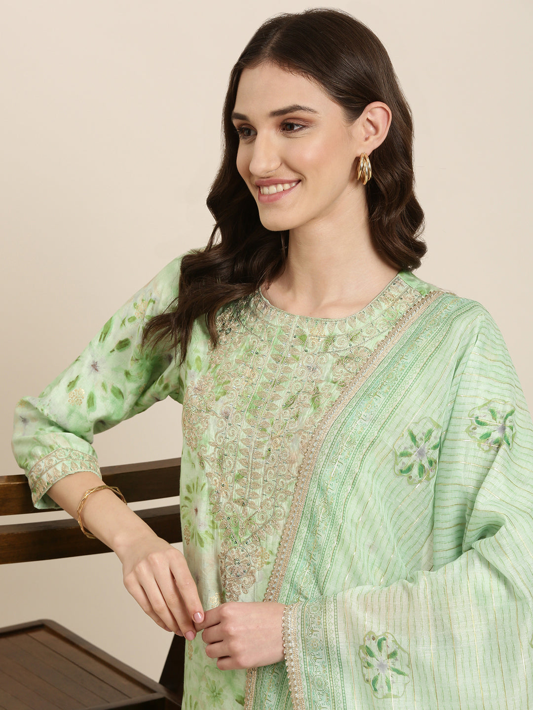 Women Green Floral Kurta Set