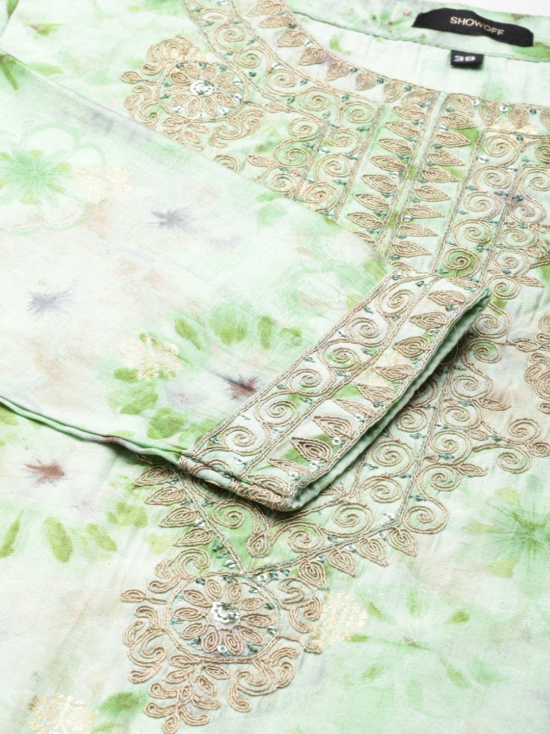 Women's Green Floral Printed Thread Work Detailed Straight Kurta Set With Dupatta