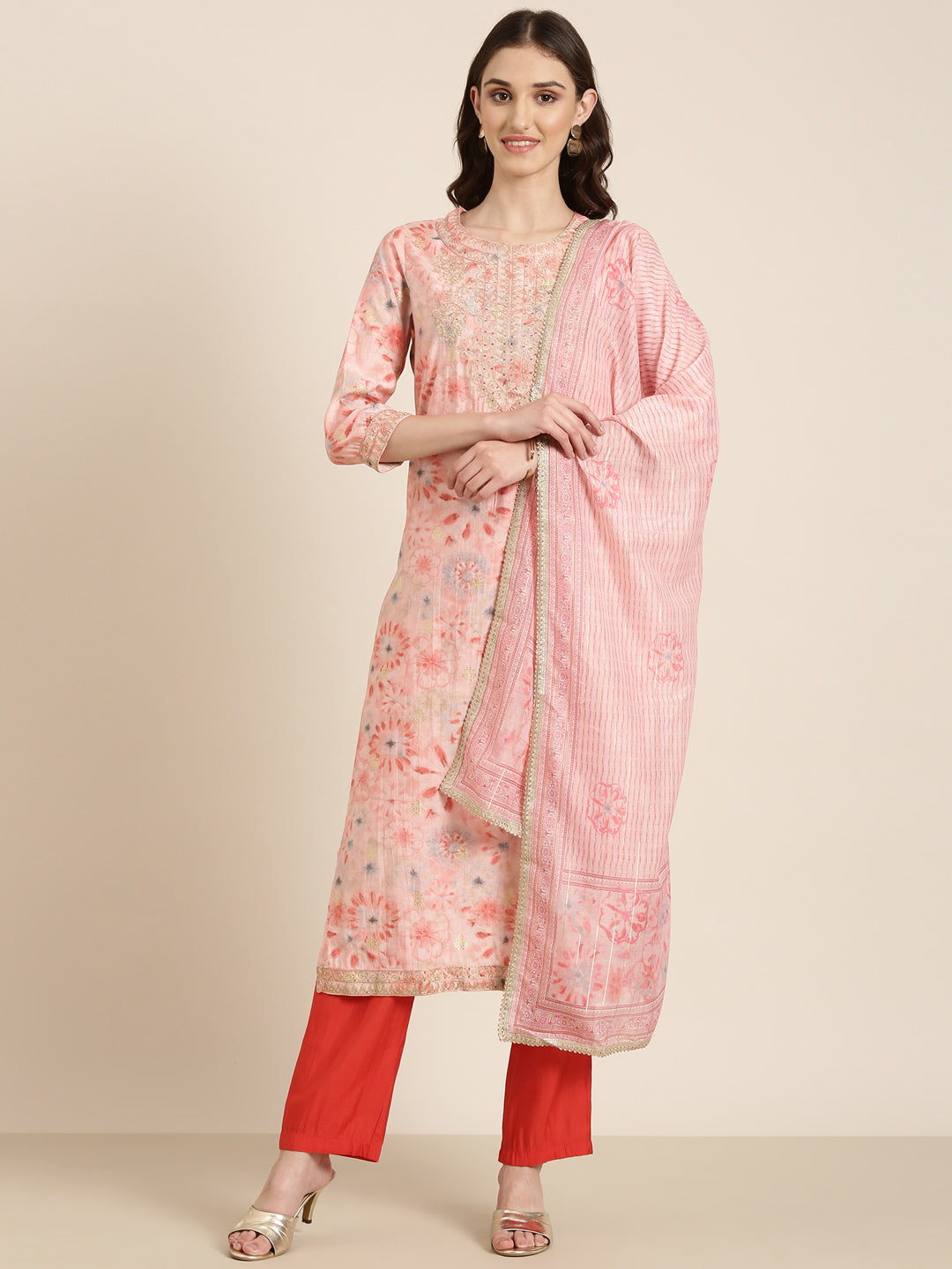 Women Peach Floral Kurta Set