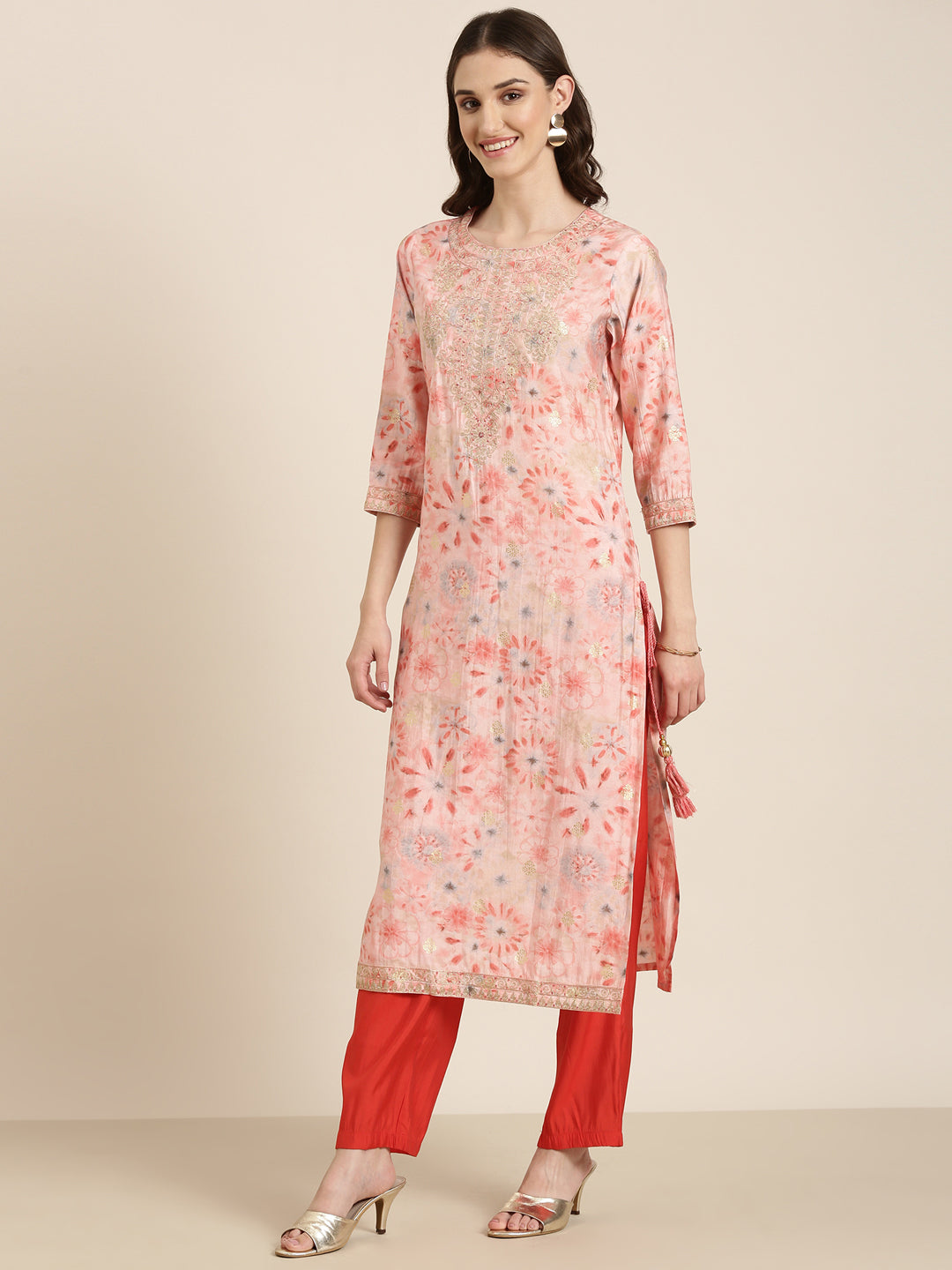 Women Peach Floral Kurta Set