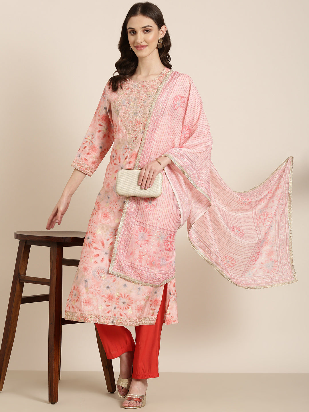 Women Peach Floral Kurta Set