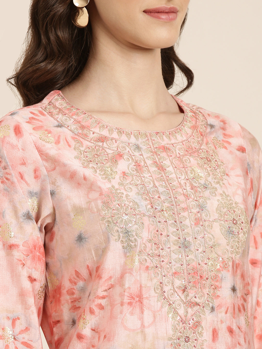 Women Peach Floral Kurta Set