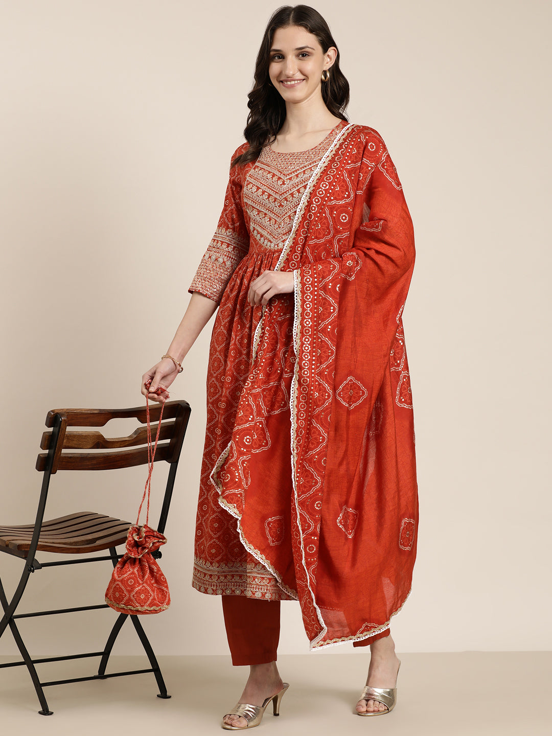 Women Rust Printed Kurta Set