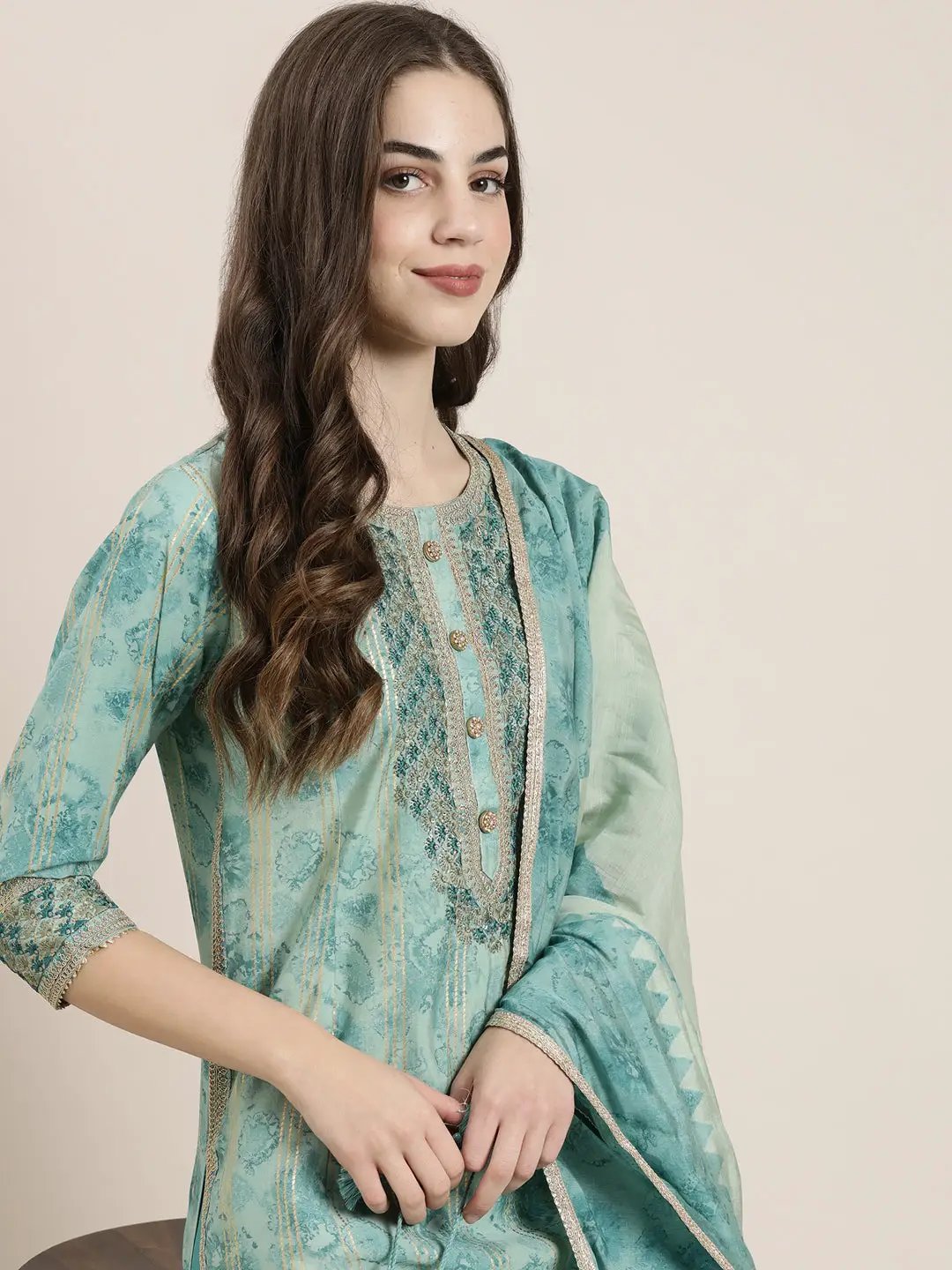Women's Sea Green Striped Kurta Set