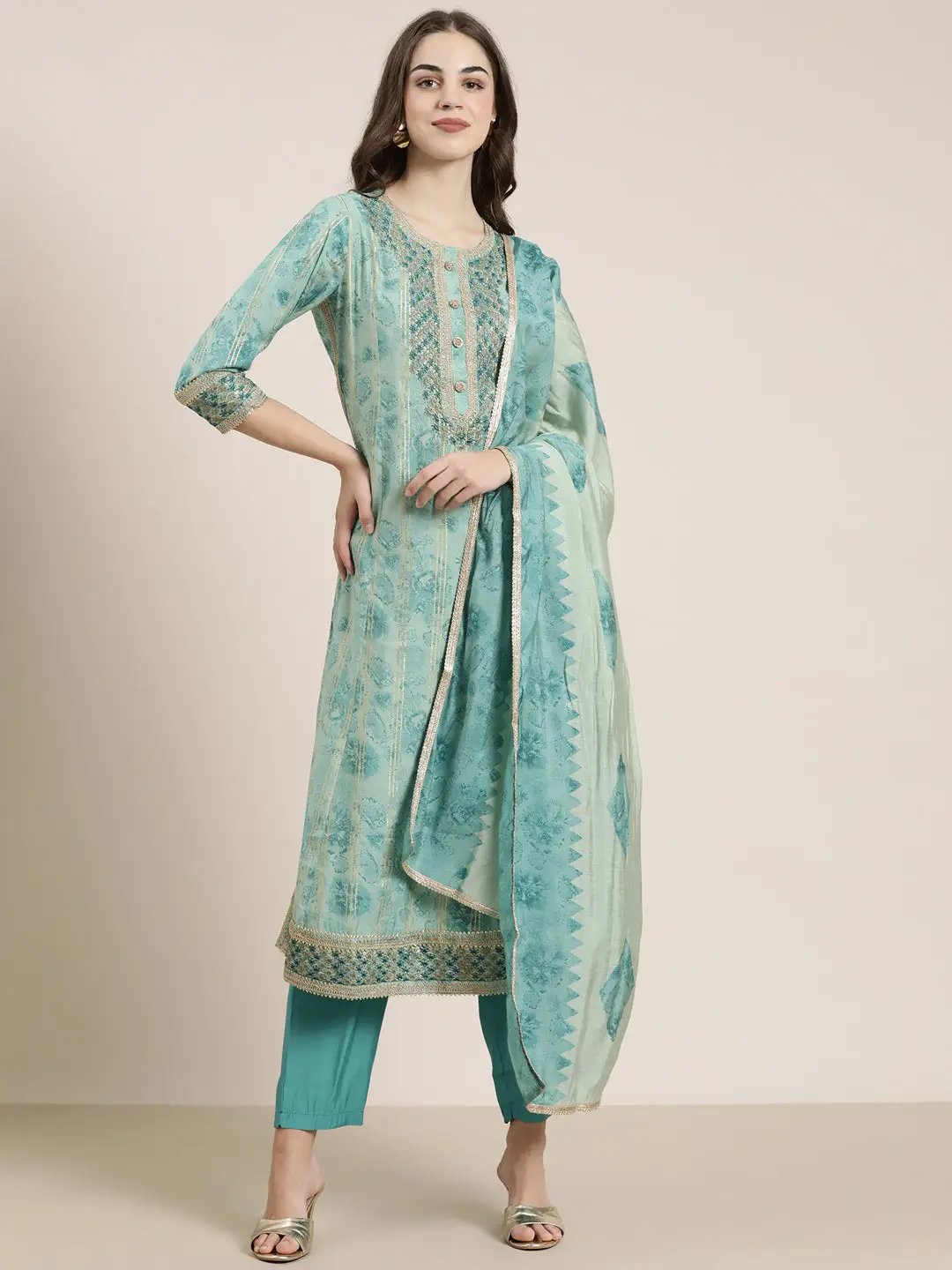 Women's Sea Green Striped Kurta Set