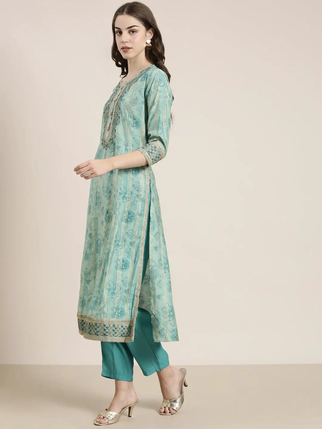 Women's Sea Green Striped Kurta Set