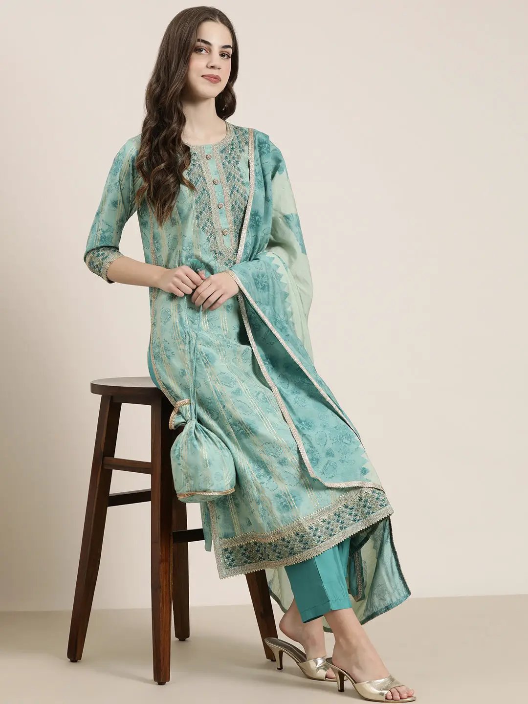 Women's Sea Green Striped Kurta Set