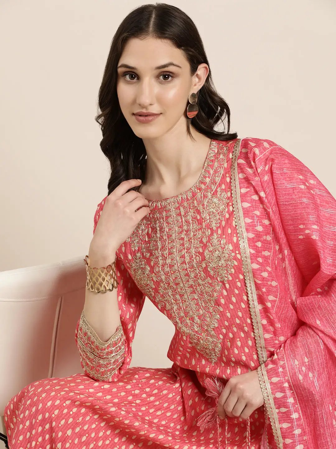Women's Peach Geometrical Kurta Set