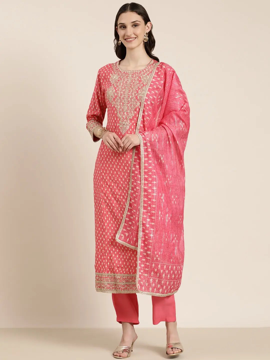 Women's Peach Geometrical Kurta Set