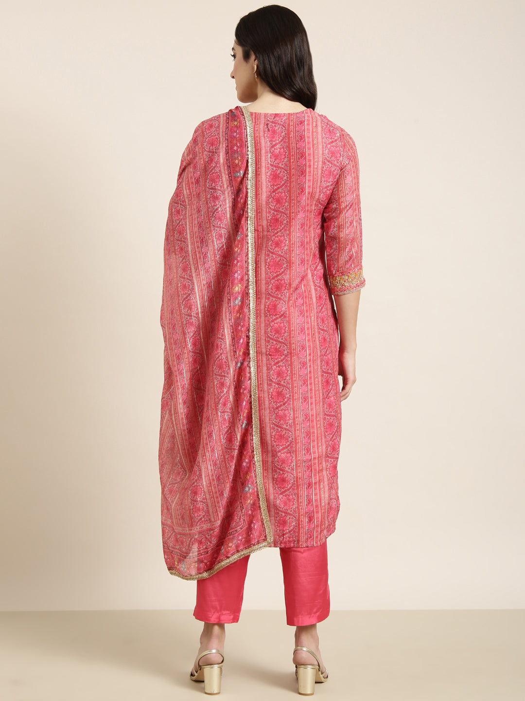 Women Straight Pink Floral Kurta and Trousers Set Comes With Dupatta