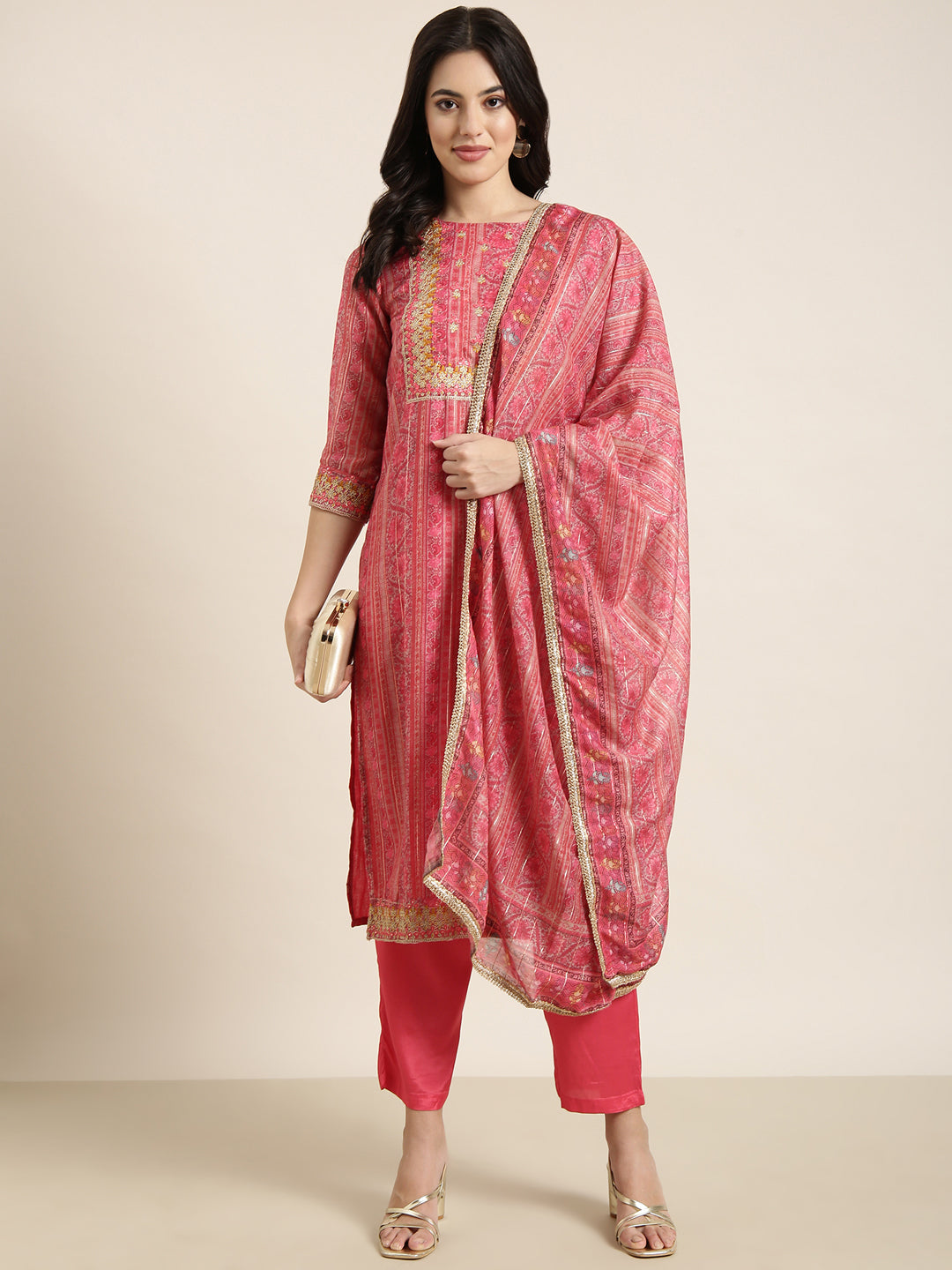 Women Straight Pink Floral Kurta and Trousers Set Comes With Dupatta