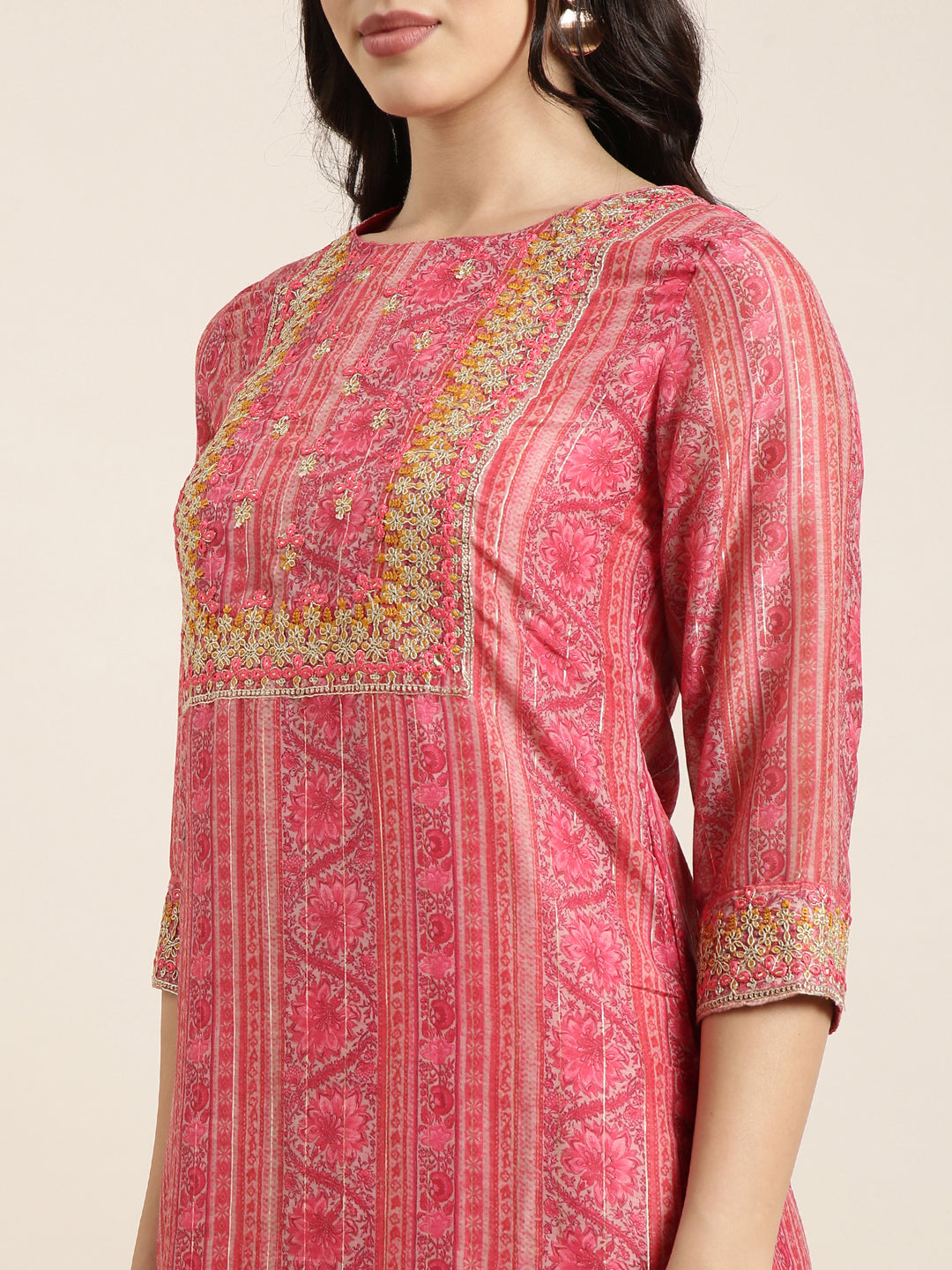 Women Straight Pink Floral Kurta and Trousers Set Comes With Dupatta