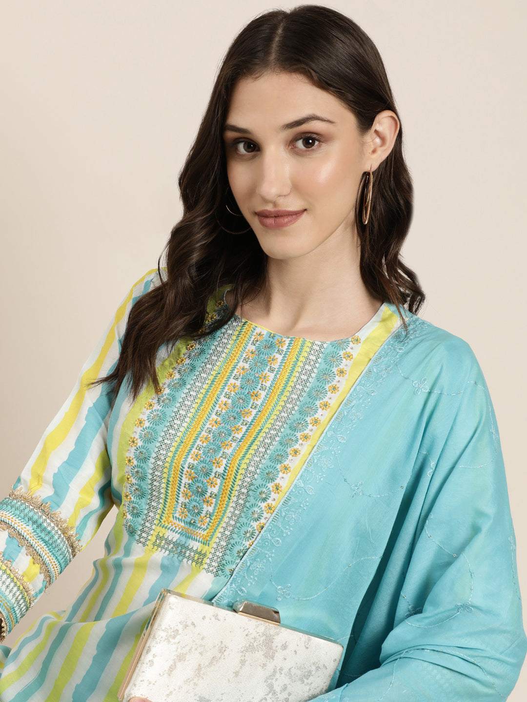 Women's Multi Striped Regular Thread Work Kurta Set With Dupatta