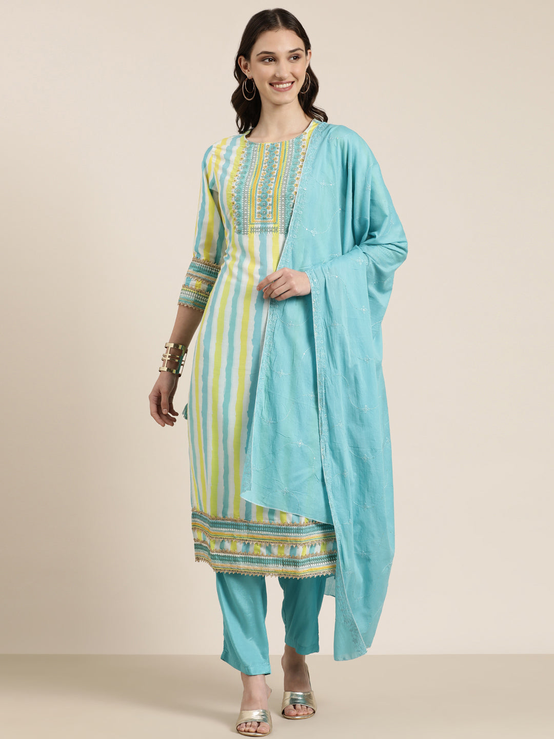 Women's Multi Striped Regular Thread Work Kurta Set With Dupatta