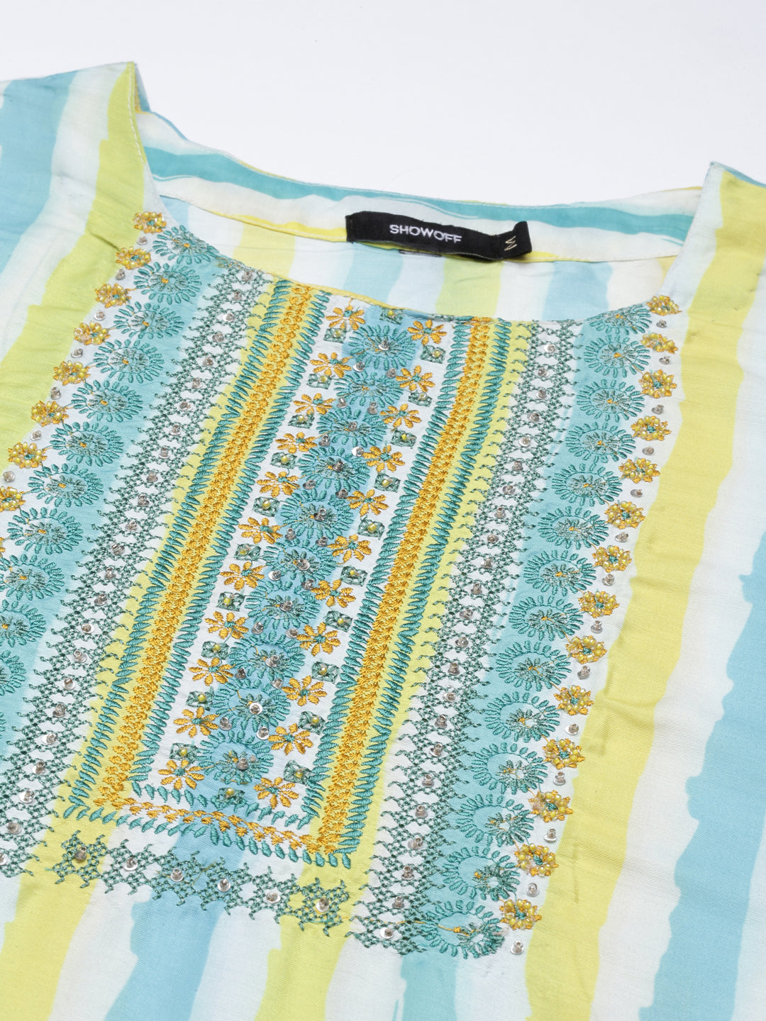 Women's Multi Striped Regular Thread Work Kurta Set With Dupatta