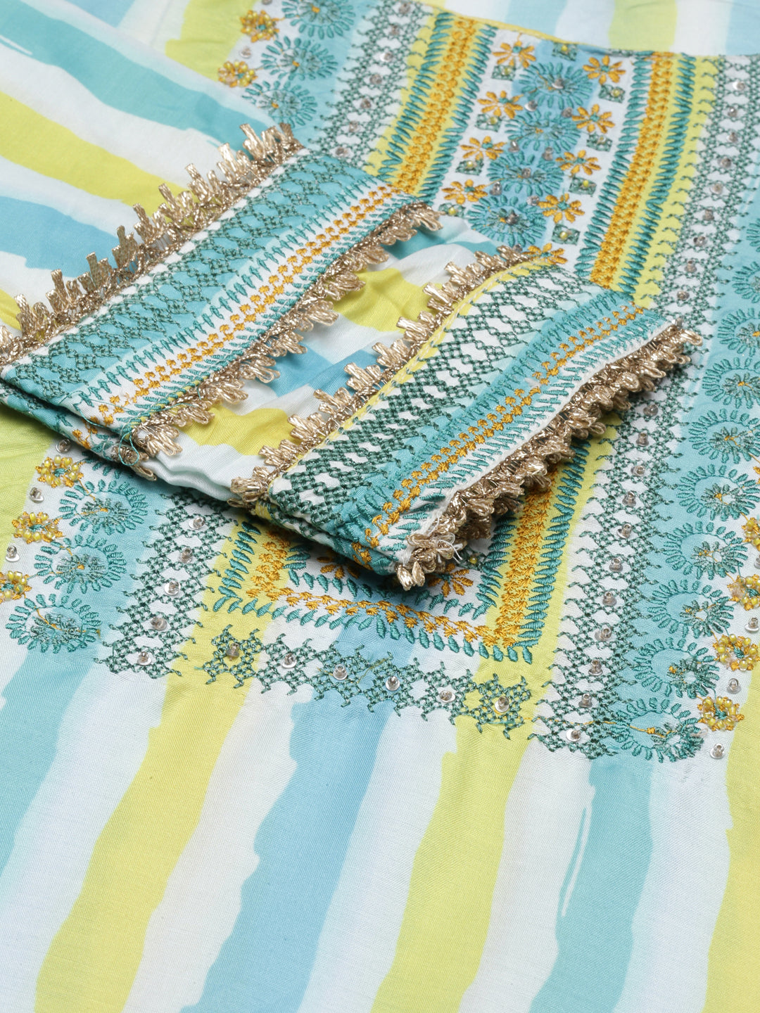 Women's Multi Striped Regular Thread Work Kurta Set With Dupatta