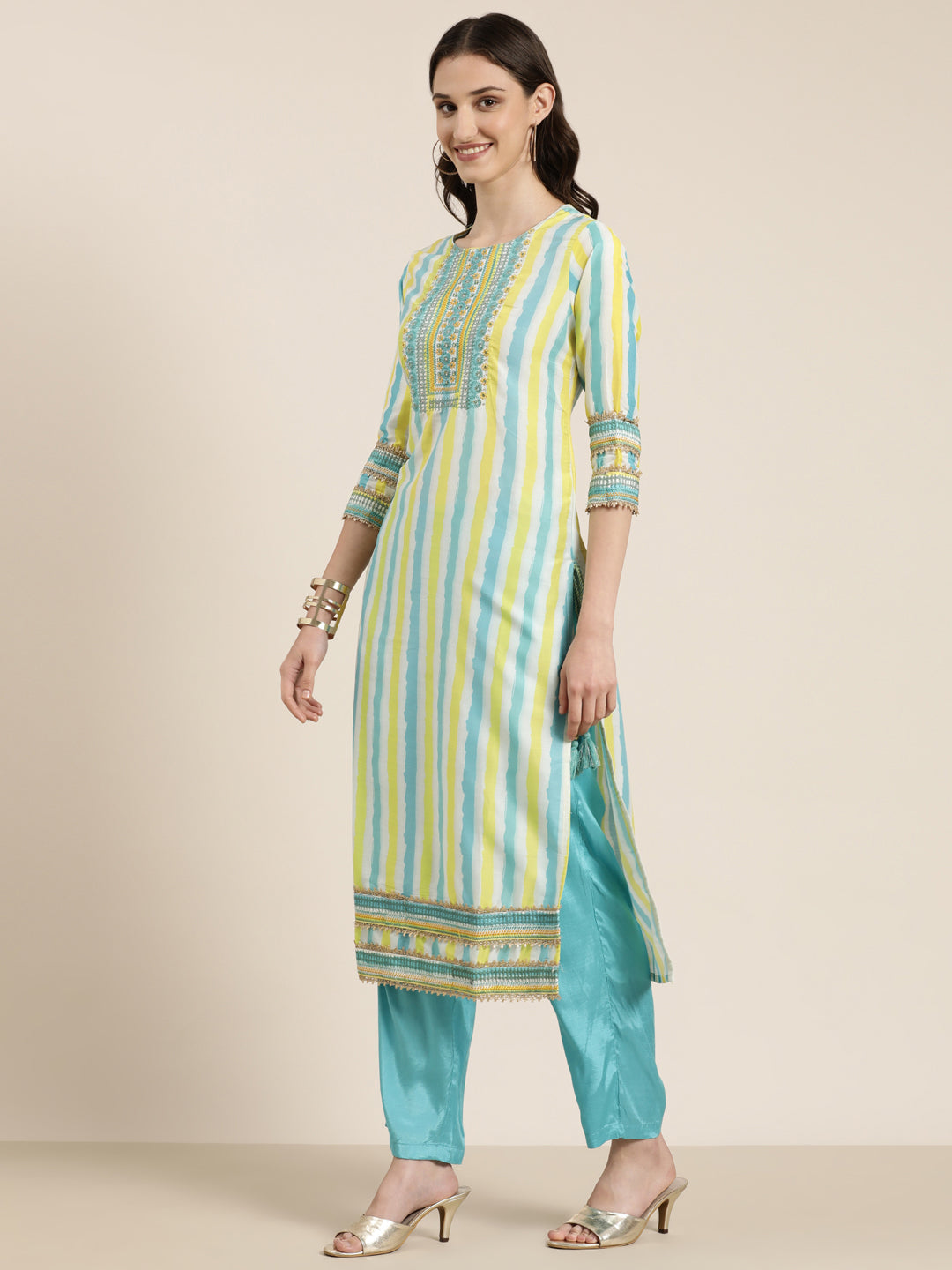 Women's Multi Striped Regular Thread Work Kurta Set With Dupatta