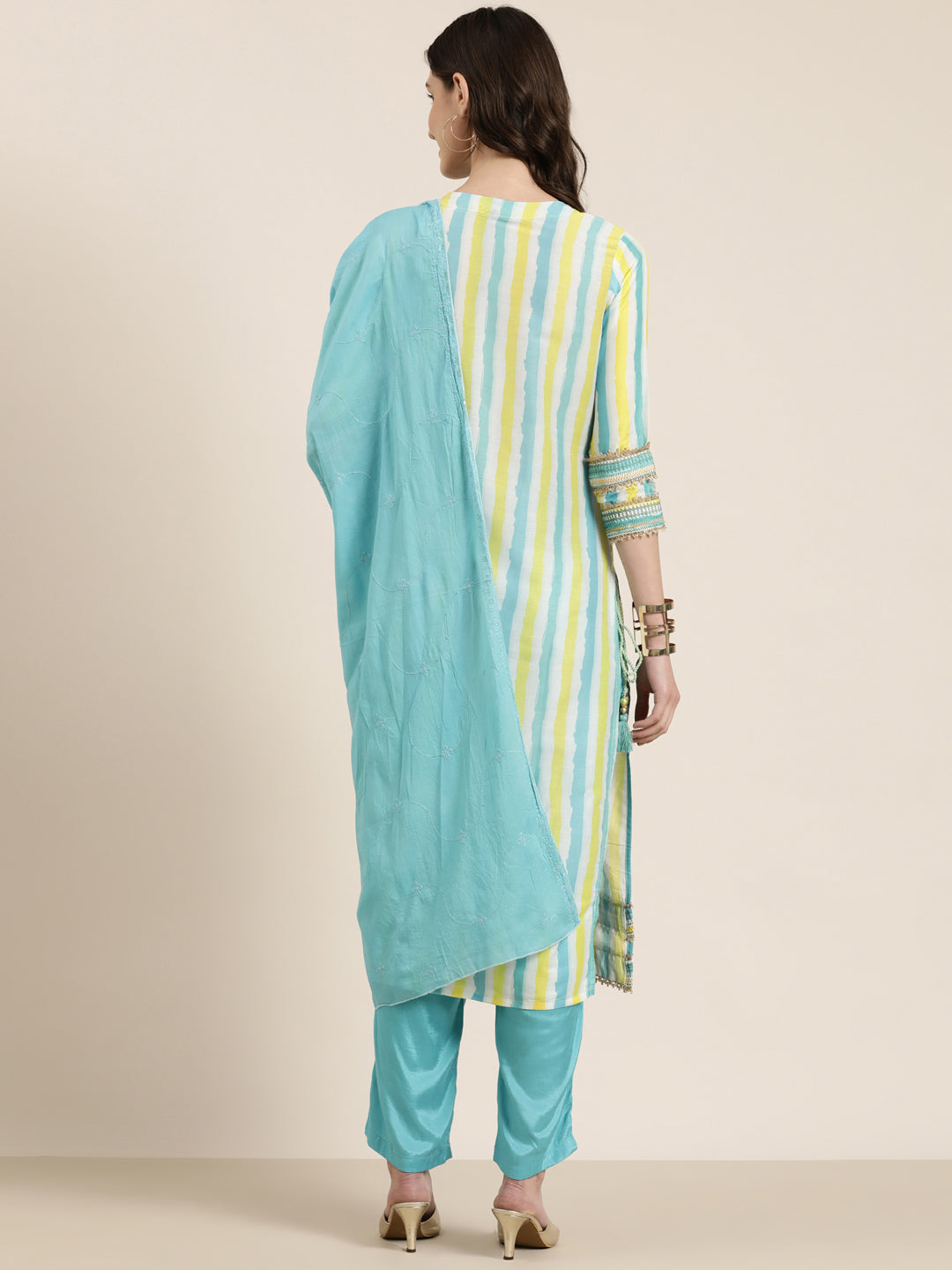 Women's Multi Striped Regular Thread Work Kurta Set With Dupatta