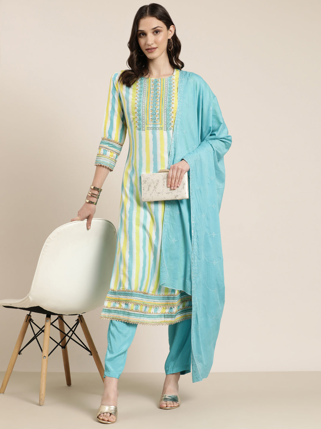 Women's Multi Striped Regular Thread Work Kurta Set With Dupatta