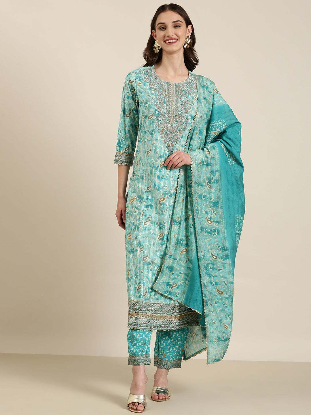 Women Turquoise Blue Paisley Kurta Set