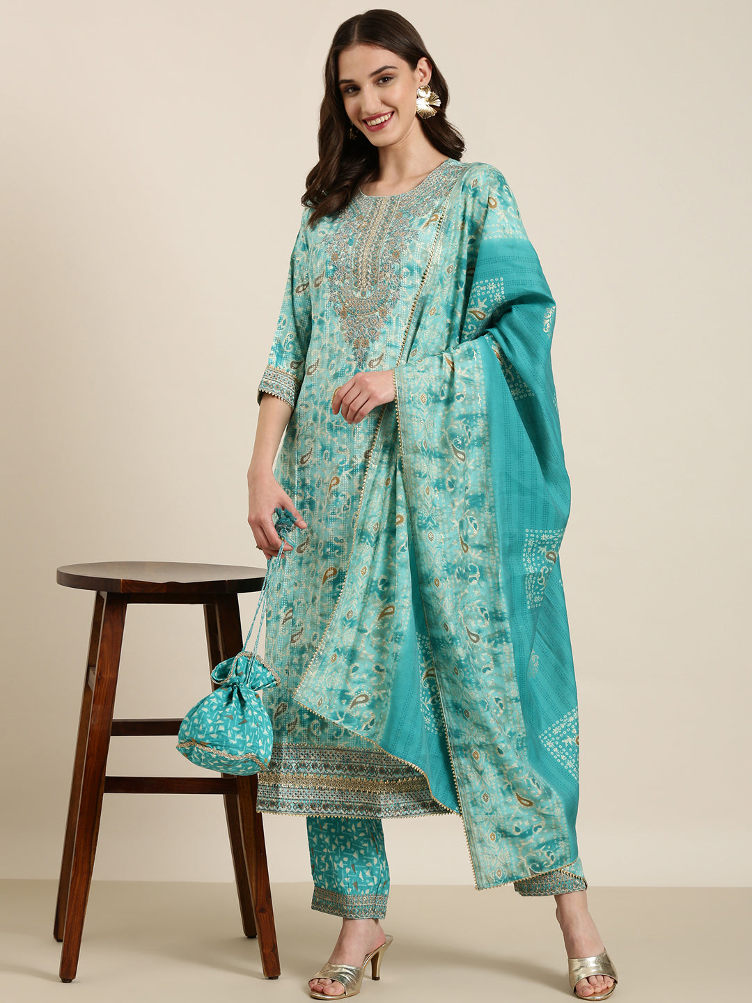 Women Turquoise Blue Paisley Kurta Set