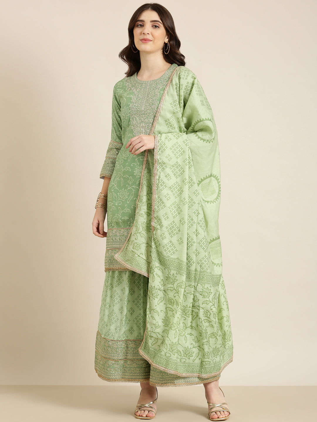 Women Green Floral Kurta Set