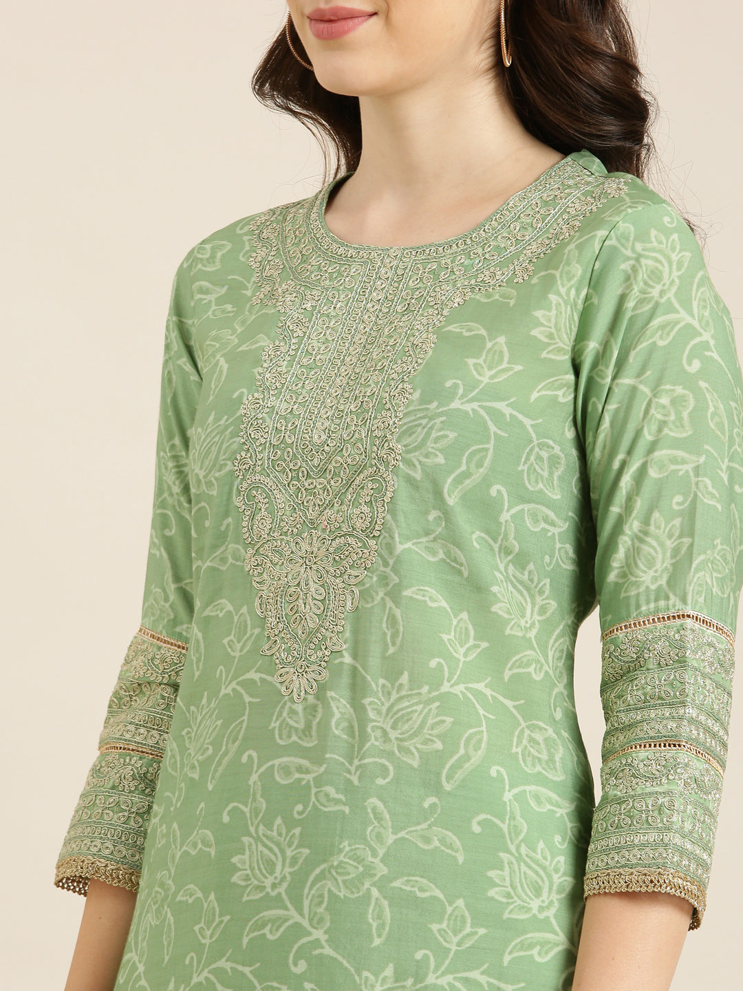 Women Green Floral Kurta Set