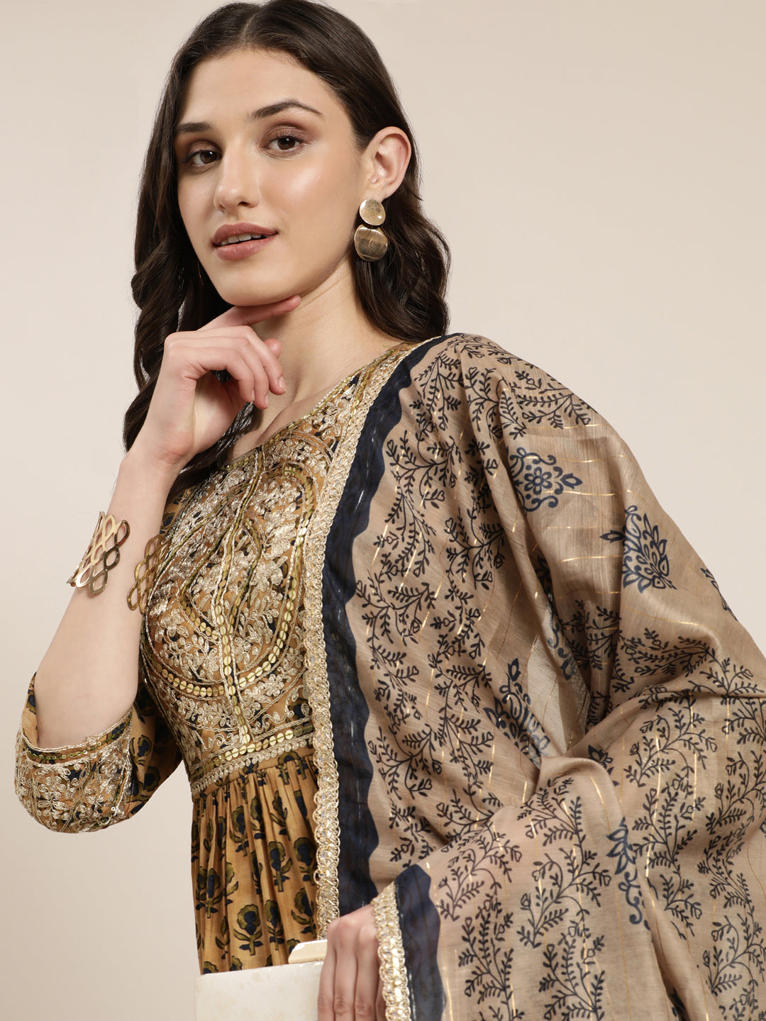 Women Tan Floral Kurta Set