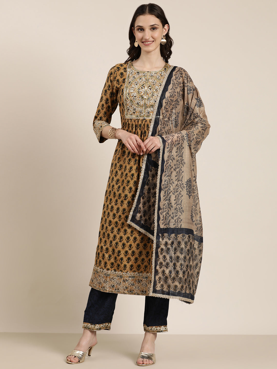 Women Tan Floral Kurta Set