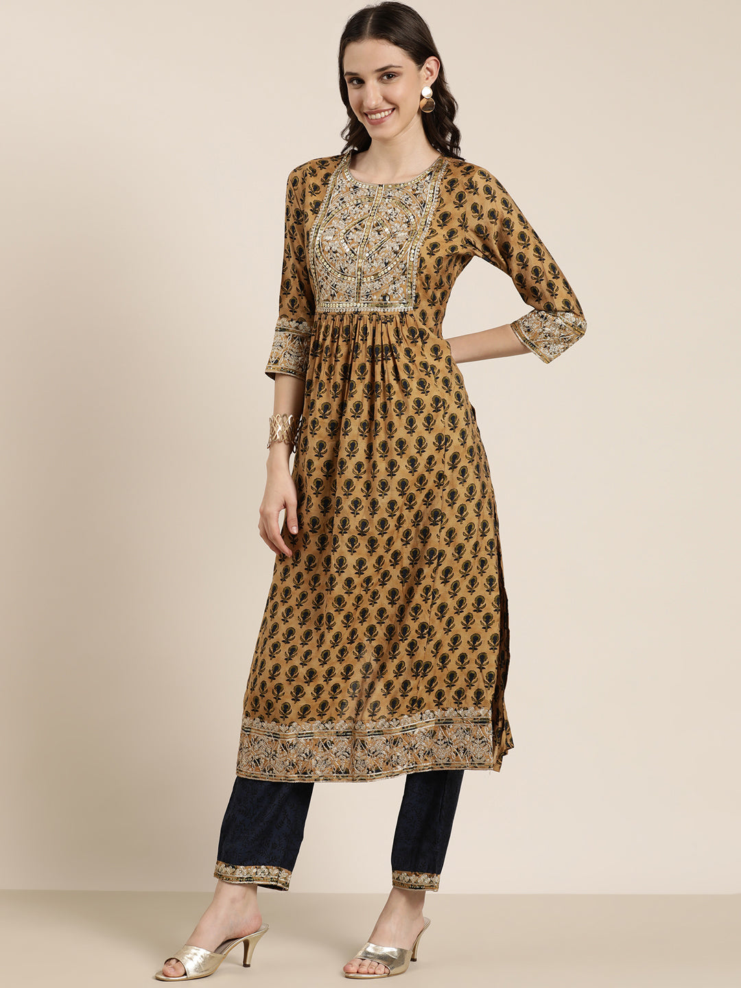 Women Tan Floral Kurta Set