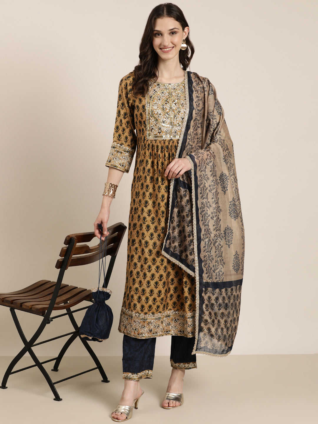 Women Tan Floral Kurta Set