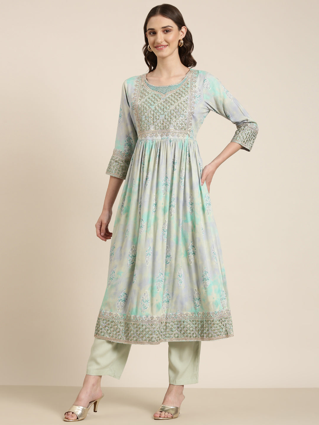 Women Turquoise Blue Floral Kurta Set