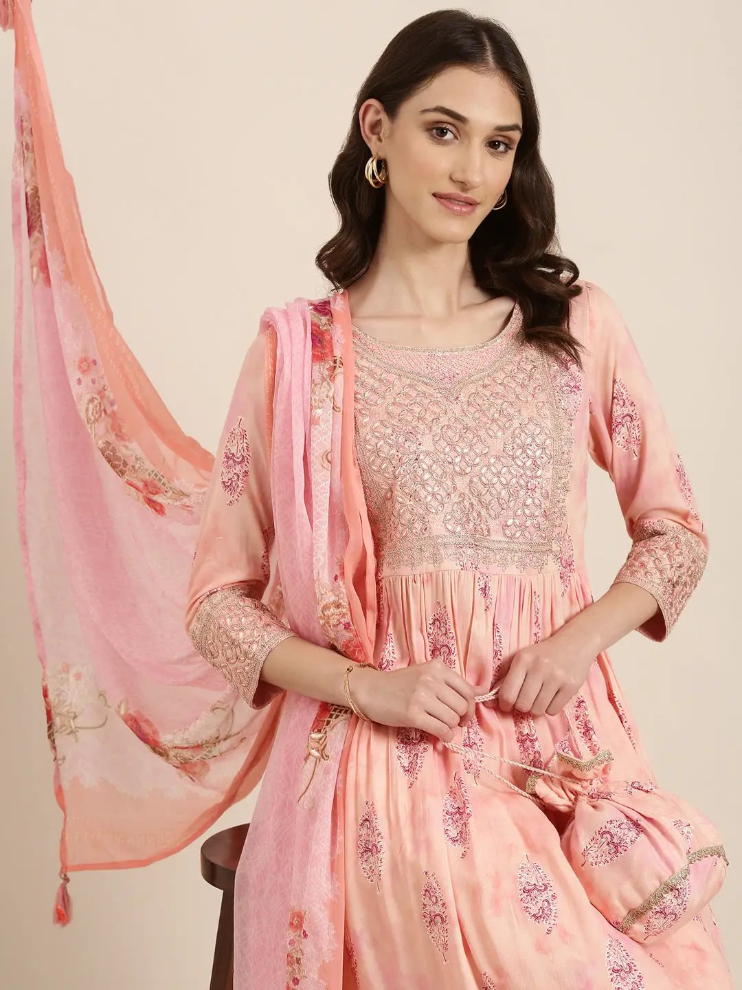 Women's Peach Floral Kurta Set