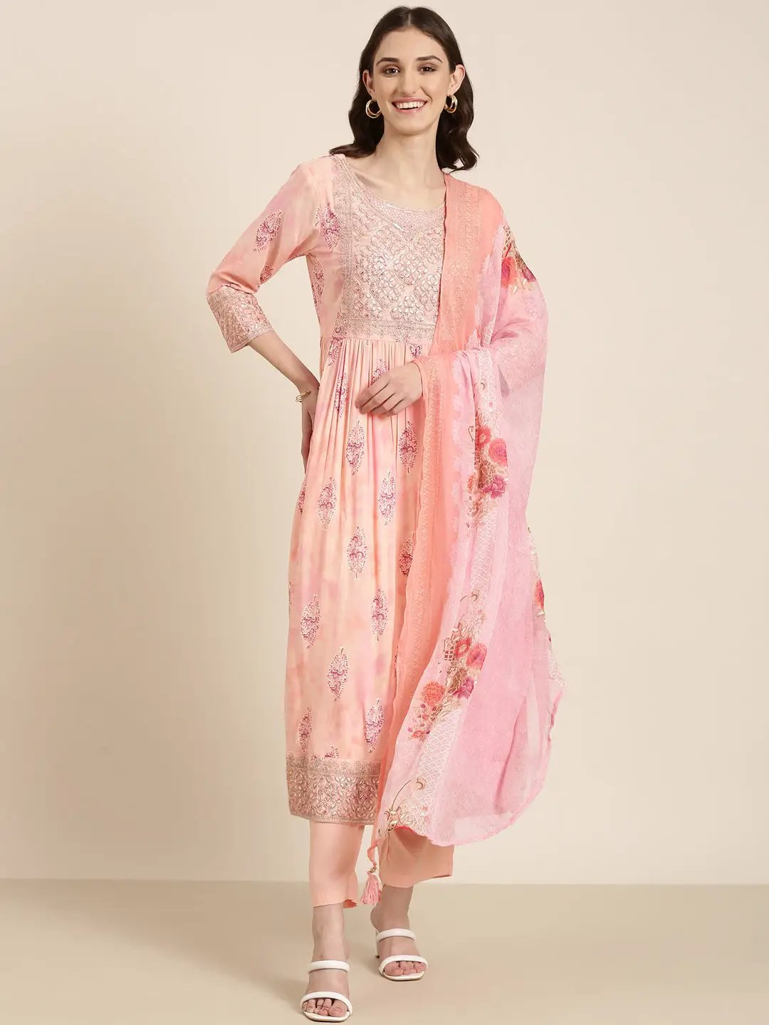 Women's Peach Floral Kurta Set
