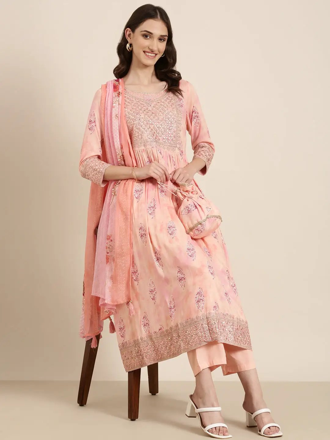 Women's Peach Floral Kurta Set