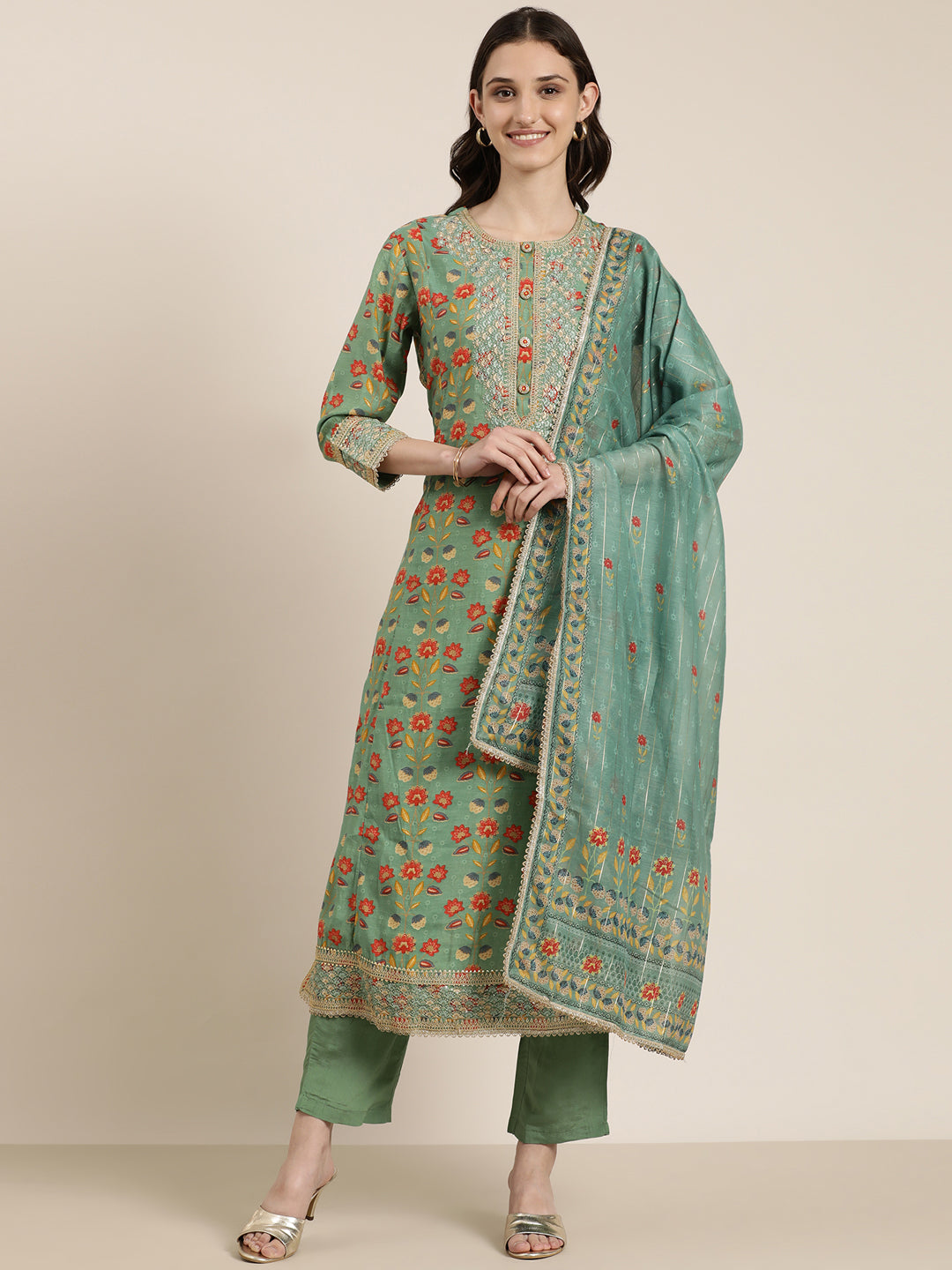 Women Green Floral Kurta Set