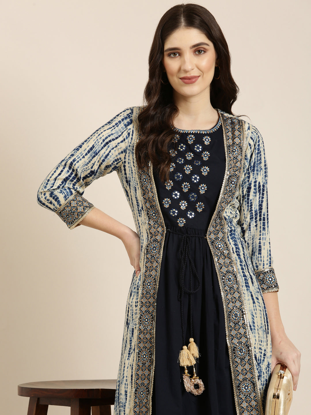 Women's Navy Blue Ethnic Motifs Printed Layered Pure Cotton Anarkali Kurta