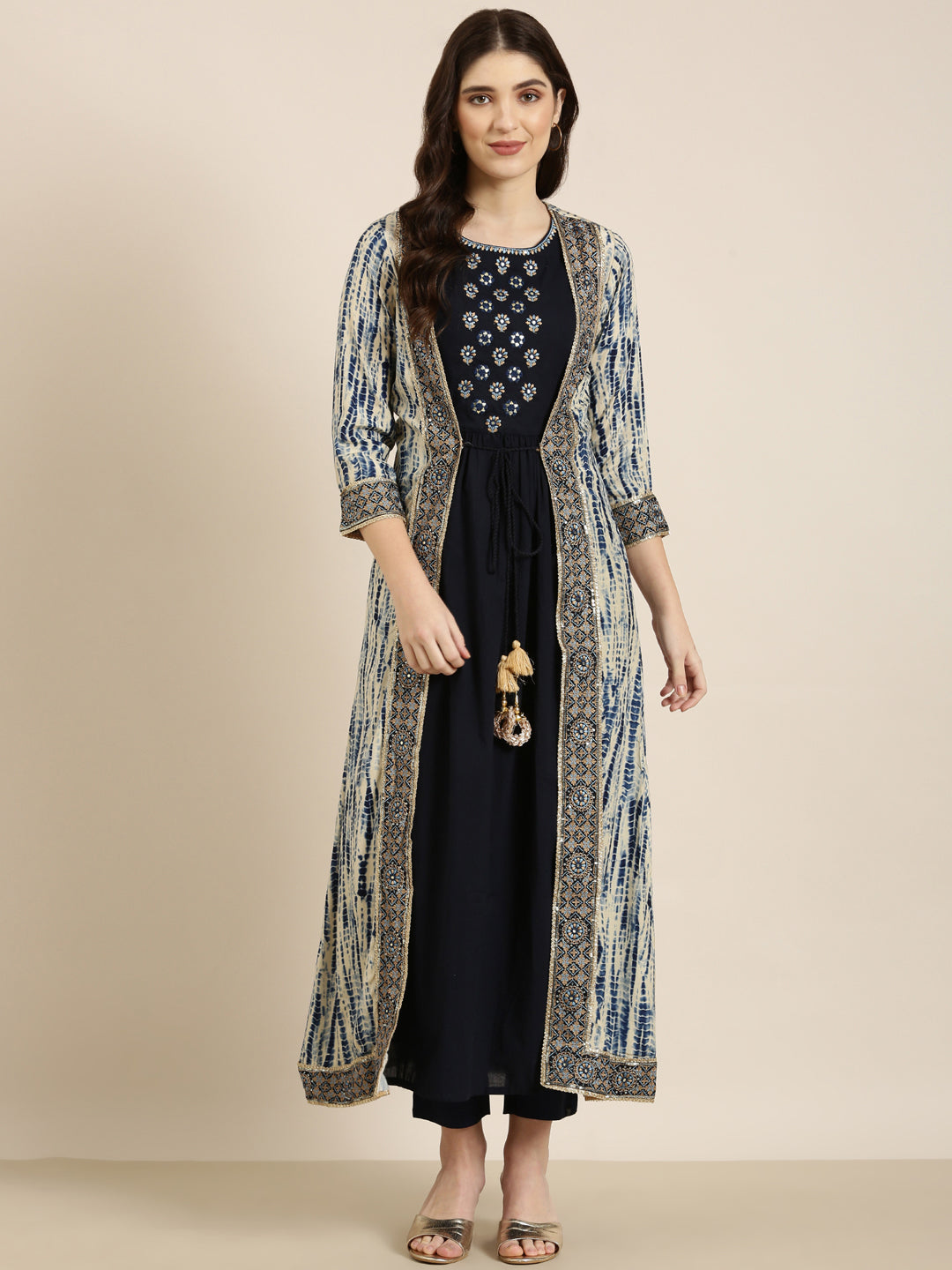Women's Navy Blue Ethnic Motifs Printed Layered Pure Cotton Anarkali Kurta