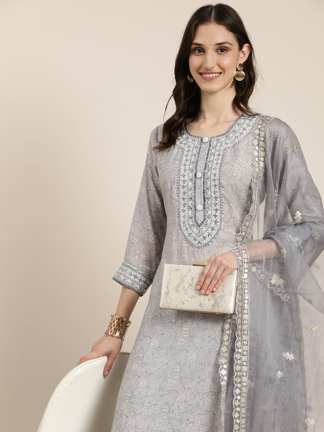 Women Grey Floral Kurta Set