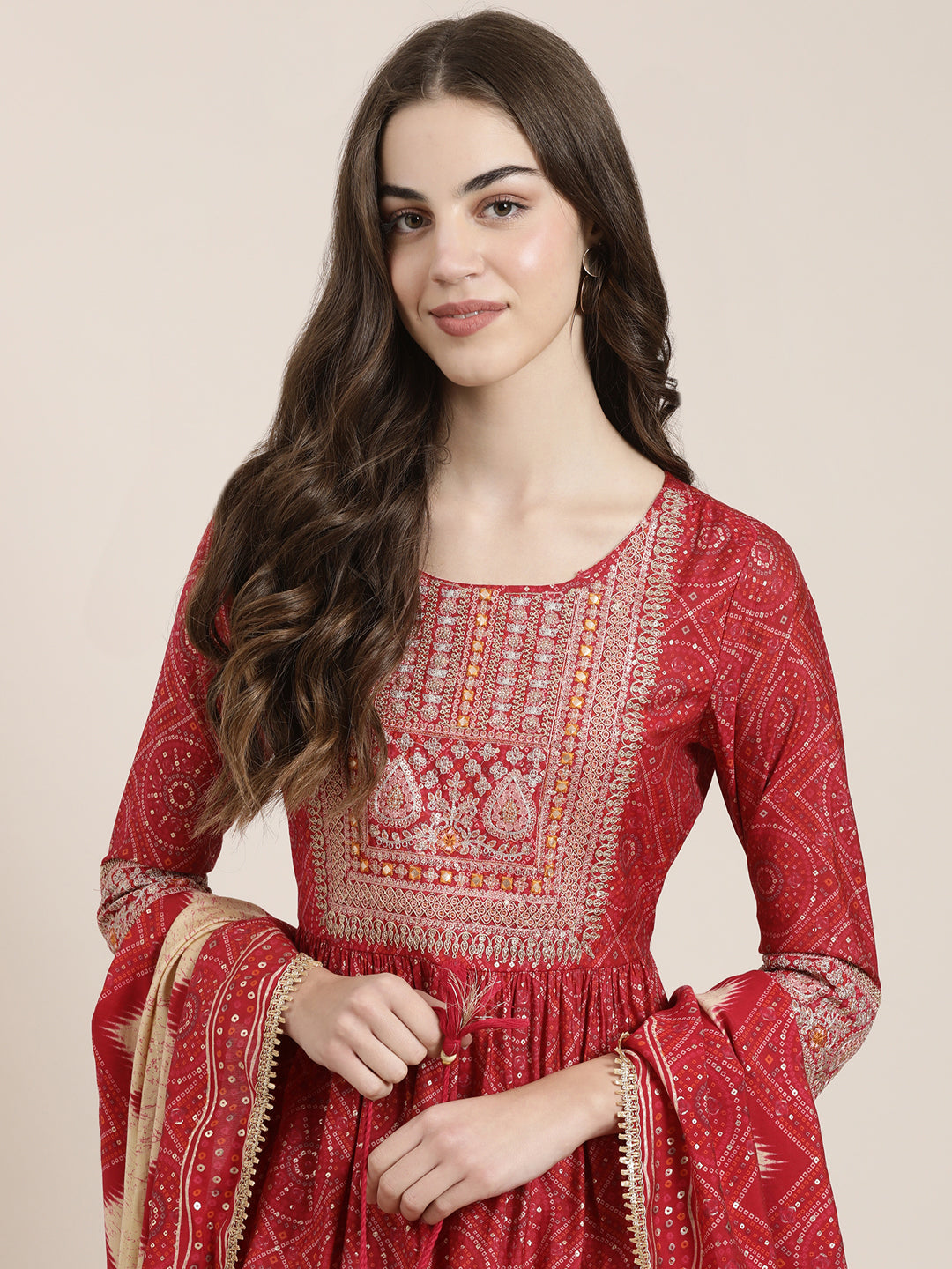 Women's Fuchsia Bandhani Printed Thread Work Anarkali Kurta Set With Dupatta