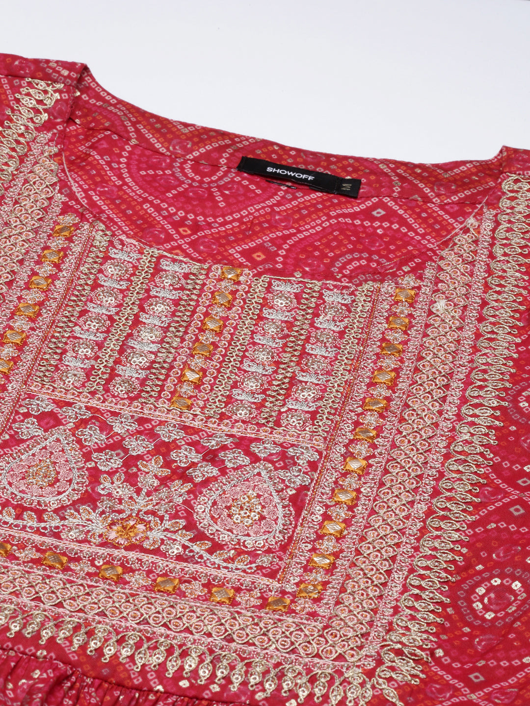 Women's Fuchsia Bandhani Printed Thread Work Anarkali Kurta Set With Dupatta