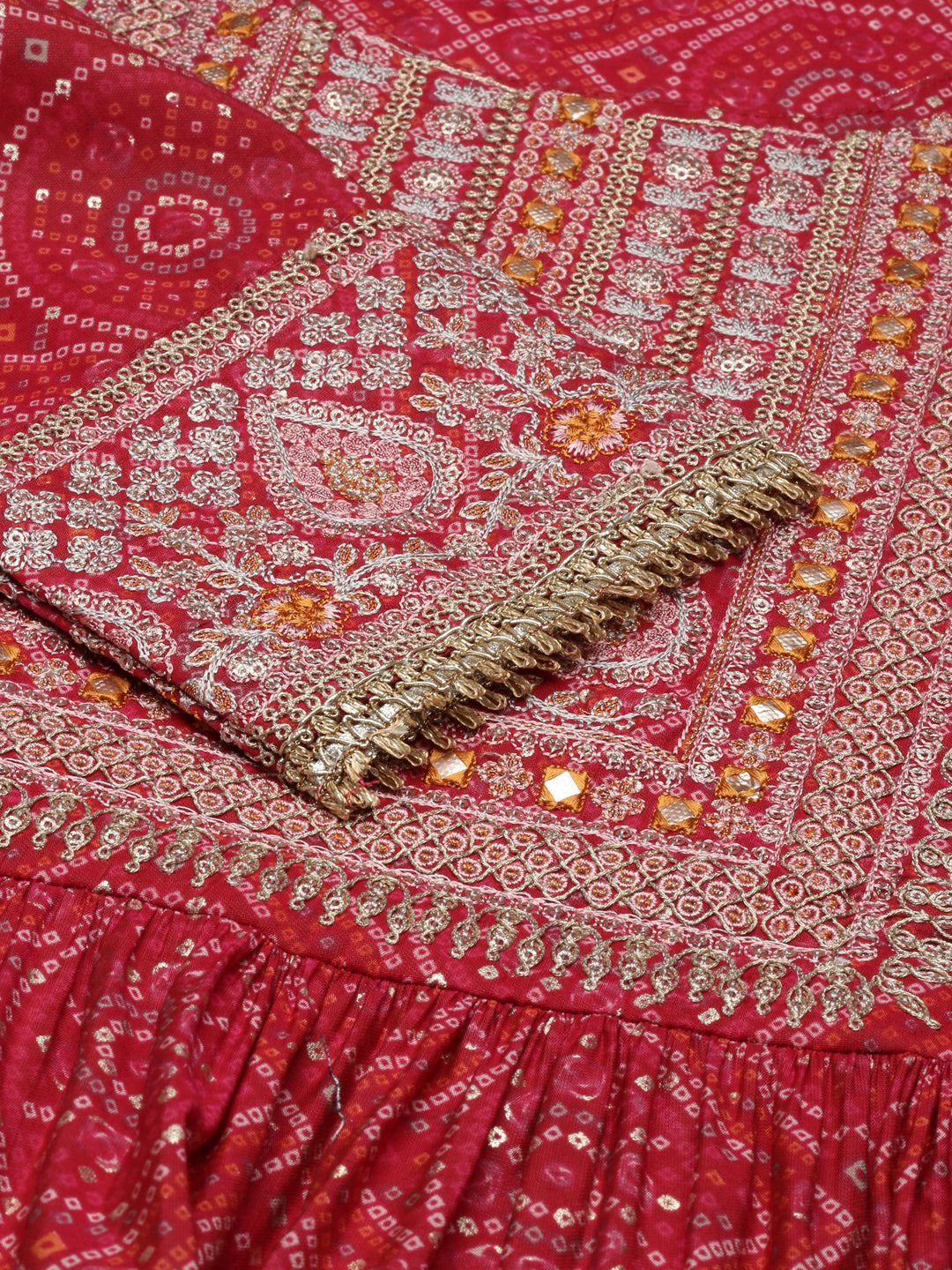 Women's Fuchsia Bandhani Printed Thread Work Anarkali Kurta Set With Dupatta