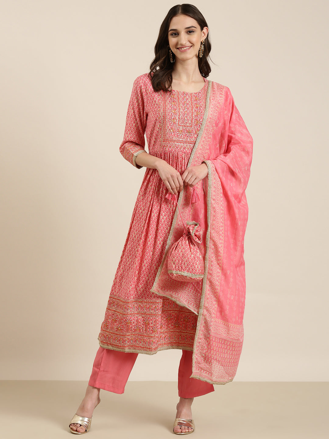 Women's Coral Floral Embroidered Thread Work Straight Kurta Set With Dupatta