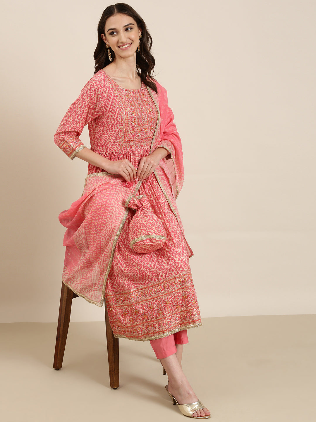 Women's Coral Floral Embroidered Thread Work Straight Kurta Set With Dupatta