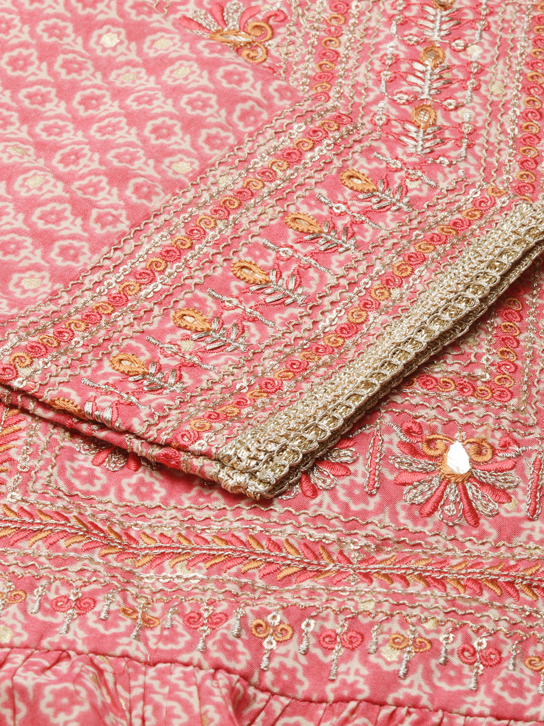 Women's Coral Floral Embroidered Thread Work Straight Kurta Set With Dupatta