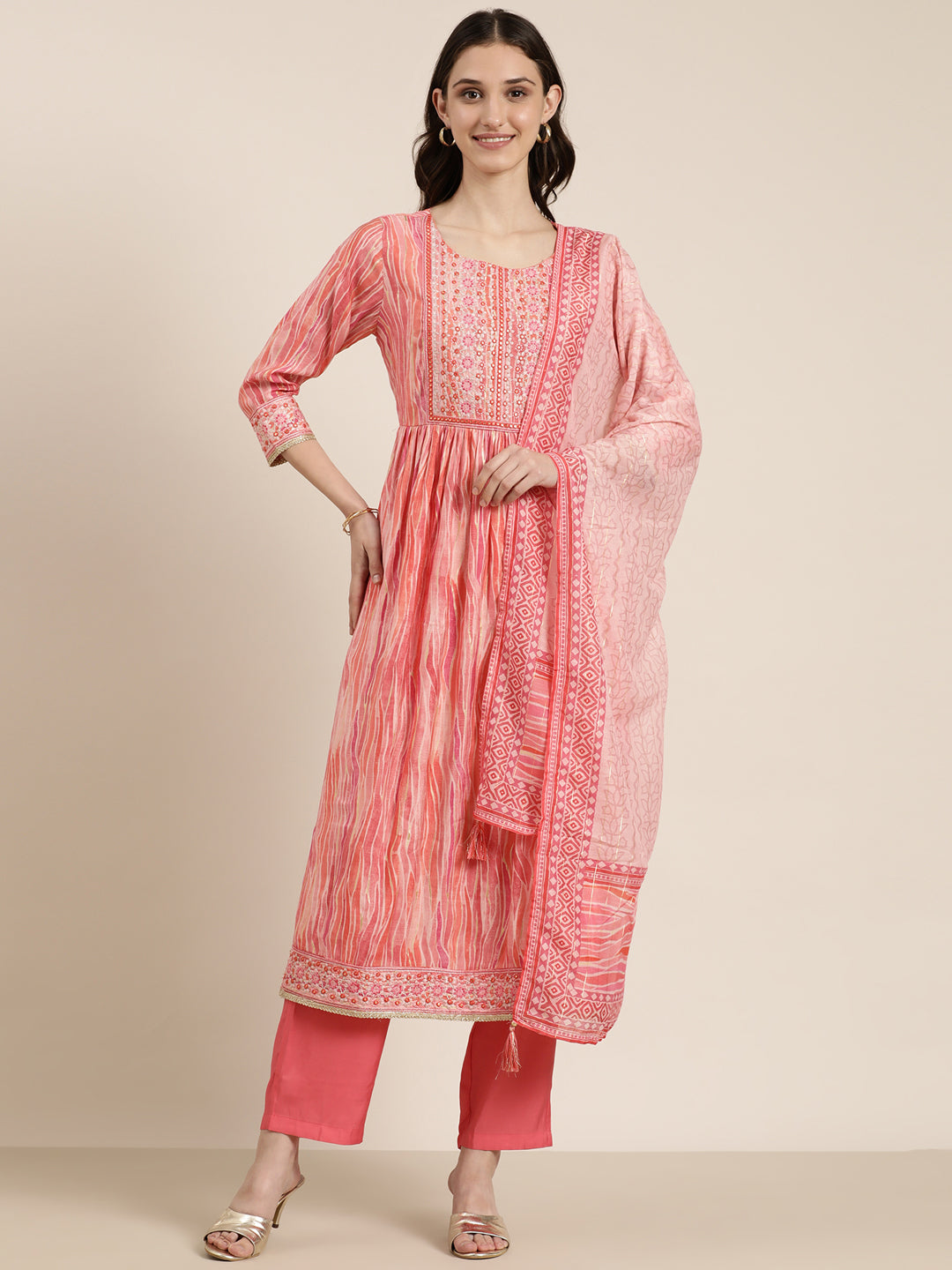 Women's Coral Abstract Printed Thread Work Kurta Set with Dupatta
