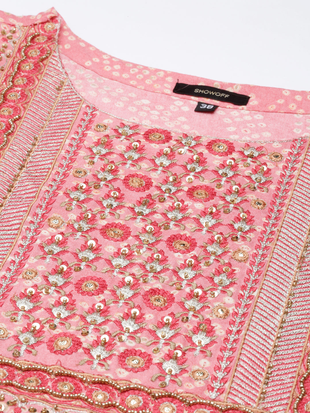 Women's Coral Abstract Printed Thread Work Kurta Set with Dupatta